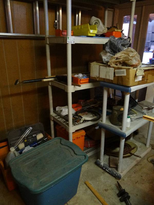 lot 6247 image: 2 Plastic Shelves & Totes w Contents