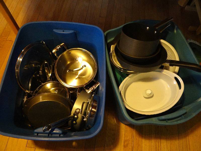 lot 6290 image: 2 Blue Tubs of Pots and Pans