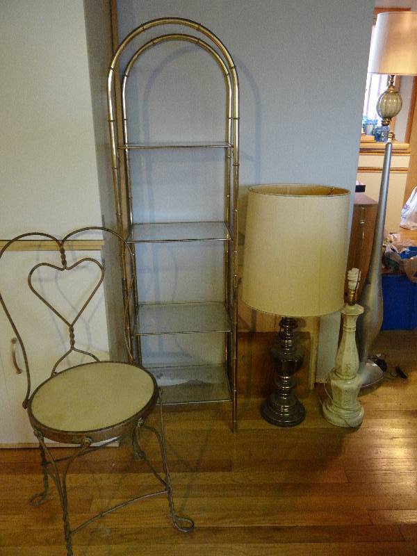 lot 6297 image: Shelf,  two Lamps and Chair