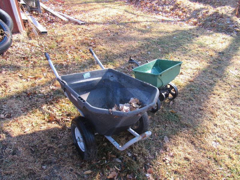 lot 6198 image: Wheel Barrow & Pull Behind Spreader