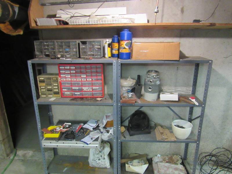 lot 6408 image: Contents of (2) shelves organizers , fan, rack, tile and more