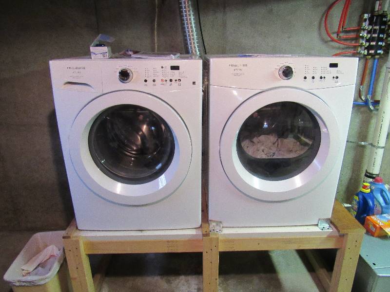 lot 6413 image: Frigidaire Affinity Washer Dryer pair with wooden stand 
