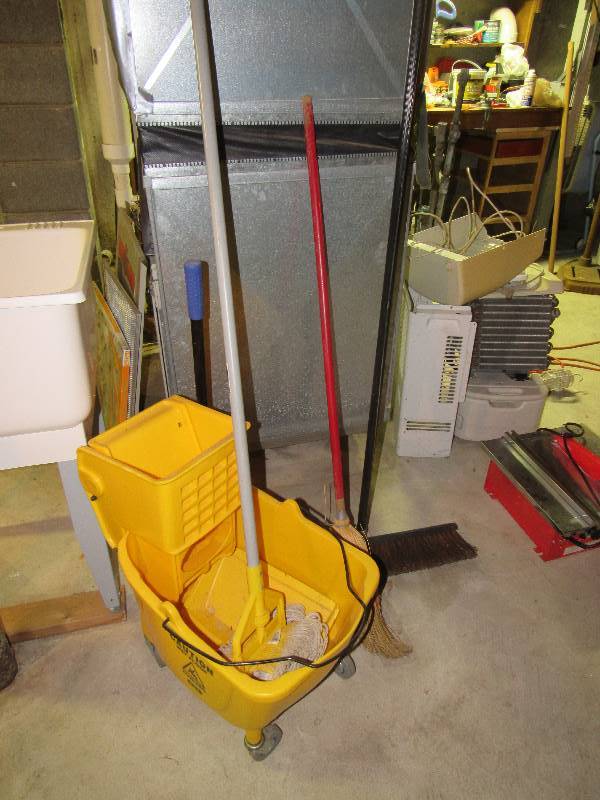 lot 6418 image: Mixed lot Mop Bucket, mop, push broom, broom