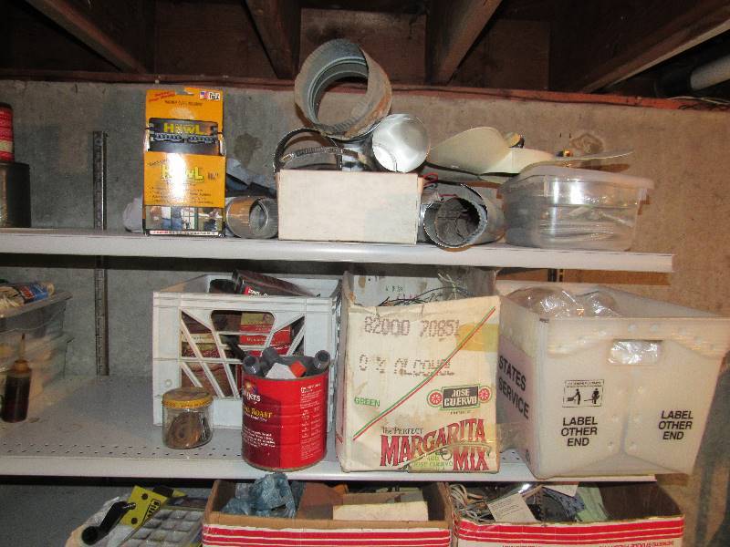 lot 6421 image: Contents of top (2) shelves wiring, hardware, faucet fittings