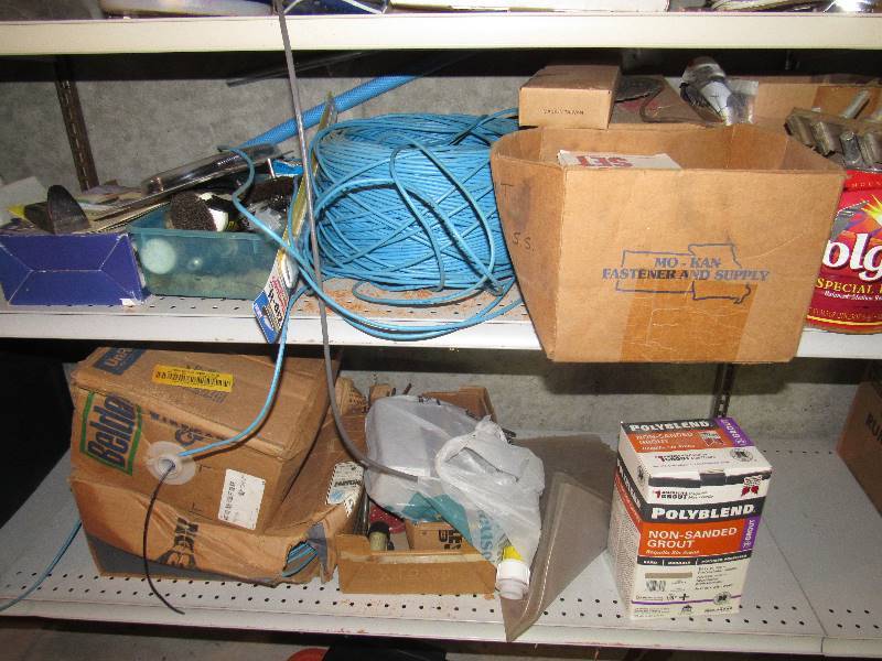lot 6426 image: Contents of bottom (2) hardware, rolls of ethernet cable, torch and more