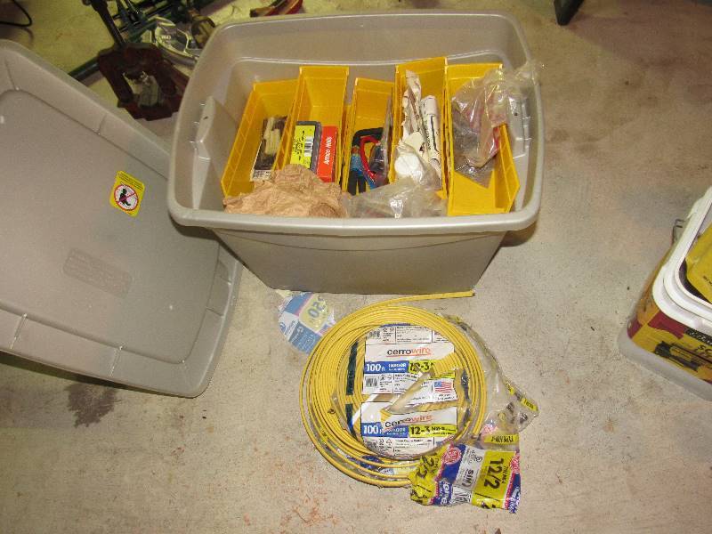 lot 6436 image: Tote and contents, hardware, Romex Wire