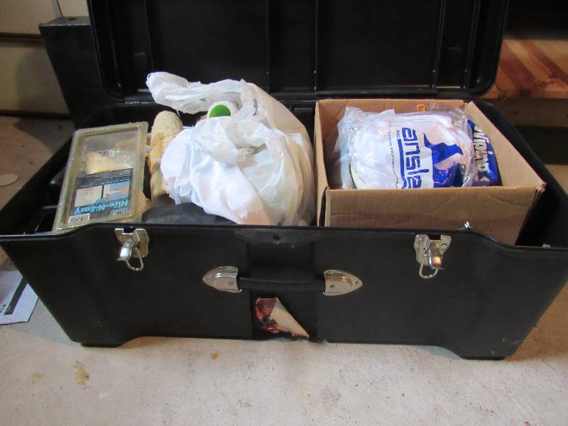 lot 6445 image: Contico Plastic foot locker, 30 x16 x12 and contents painting supplies