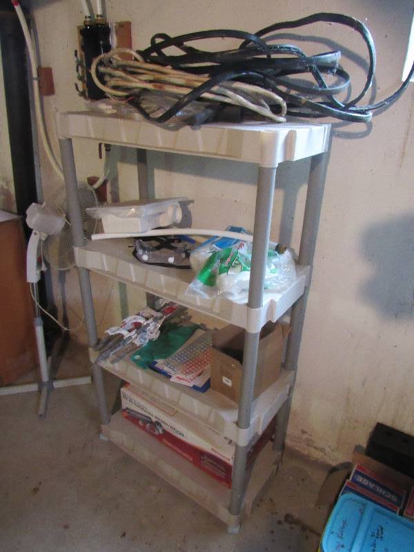 lot 6451 image: 4- tier plastic shelf, 58 tall and contents plumbing and electrical