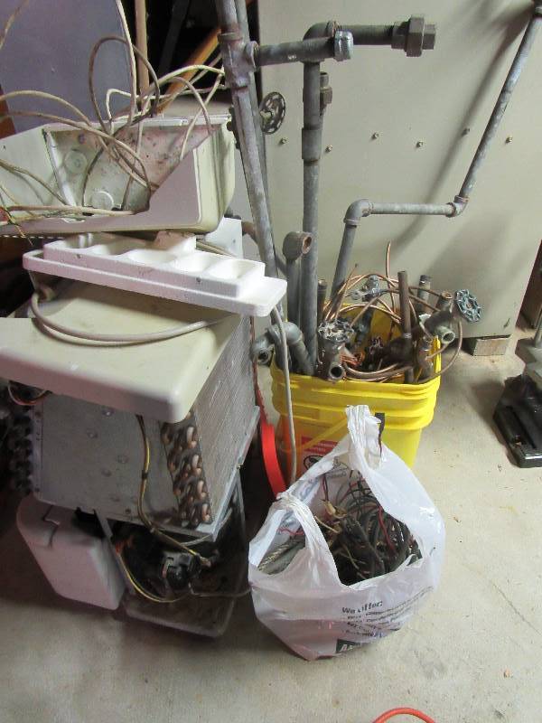 lot 6461 image: Large lot of mixed metal plumbing fittings, AC unit coil and old wire