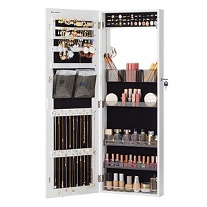 lot 48696 image: SONGMICS Jewelry Cabinet Armoire with Mirror, Wall or Door Mount Storage Organizer with Full-Length Frameless Mirror, Lockable Cabinet with Built-in Small Mirror, Shelves, Gift Idea, White UJJC003W01 - Retail $90.1