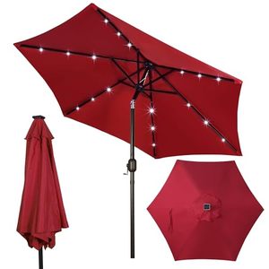 lot 48699 image: Blissun 7.5 ft Outdoor Solar Market Table Patio Umbrella with 18 LED Lights, Tilt and Crank for Garden, Deck, Backyard (Red)