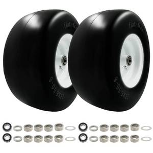lot 48728 image: Fenluqi 2 PCS Premium 13x6.5-6 Flat Free Tire & Wheel for Lawn Mowers & Zero Turn Mowers, with 34 & 58 Grease Bearing & 4-8.2 Centered Hub, Solution for Commercial Grade Lawns, & Garden Turf - Retail $119.6