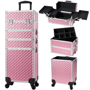 lot 48729 image: Stagiant Rolling Makeup Train Case Large Storage Cosmetic Trolley 4 in 1 Large Capacity Trolley Makeup Travel Case with Key Swivel Wheels Salon Barber Case Traveling Cart Trunk - Pink - Retail $112.46