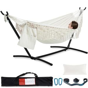 lot 48730 image: PNAEUT Handmade Tassel Hammocks, Double Hammock with Stand for Outside, Max 450 lbs Capacity, Tree Straps & Carabiners & Pillow & Storage Bag and Portable Carrying Bag Included (Beige) - Retail $91.98