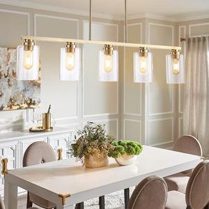 lot 48740 image: Mecgirn Island Light for Kitchen, Brushed Gold Dining Room Light Fixture Over Table, 5-Light Linear Chandelier Pendant Lighting for Dining Table Kitchen Island Living Room - Retail $150.58