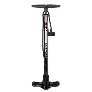 lot 48743 image: Schwinn Air Center Floor Bike Pump, Pumps 120 Max PSI, Dual Head Fits Schrader and Presta Valve Types, Pressure Gauge Not Included, Wide Metal Base, Black