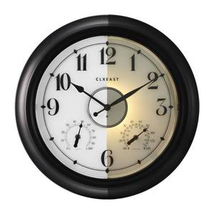 lot 48780 image: CLXEAST Illuminated Indoor Outdoor Clocks Waterproof 18 inch with Smart Sensor,Large Wall Clock with Thermometer & Hygrometer for Garden Patio Pool,Oil Rubbed Bronze Black,Unique Housewarming Gifts - Retail $96.77