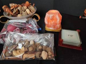 lot 111 image: Salt Lamp (works), Photo Coasters, and Home Decor