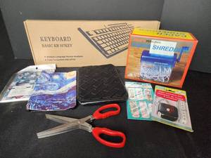 lot 219 image: NIB Computer Keyboard, Desktop Paper Shredder, Tablet Cases, Scissors, New Bookmarks, and More