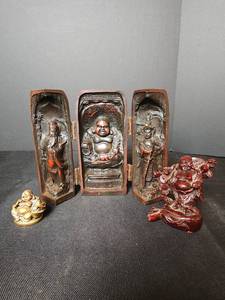 lot 230 image: Vintage Carved 3-Panel Triptych Holy Foldable Buddhist Shrine and More