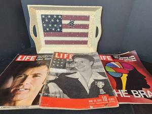 lot 254 image: Vintage Life, Look, and Sat Eve Post Magazines (1942 and 1970s), and Flag Tray