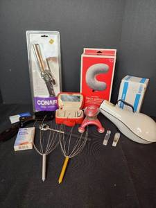 lot 303 image: NIP Conair Deep Waver Curling Iron, Jewelry Box, NIB Inflatable Neck Pillow, Palm Massager, Vintage Enamel URinal, Masks, and More