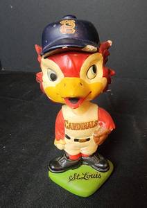 lot 329 image: Very Rare Vintage 1960s St. Louis Cardinals Mascot Bobble Head 6 Tall (see pics for damage)