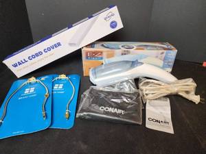 lot 387 image: Conair E-Z Steamer, Wall Cord Cover, and (2) Brass Lamp Harps