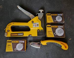 lot 394 image: Work Zone Staple Gun with Remover, Cable Staples, Nails, and Staples