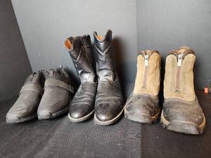 lot 402 image: New Tred Safe Slip Resistant Shoes Size Mens 13, Cowboy Boots Size 13 Mens, and Die-Hard Waterproof Boots Size Mens 12