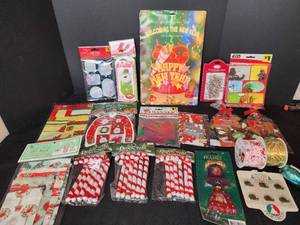 lot 415 image: New Christmas Supplies (Name Tags, Banners, Gift Bags, Treat Bags, Ribbon, Ornament Hangers, and More)
