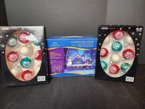 lot 426 image: New Glass Christmas Bulbs (2 boxes) and Clear Icicle Lights