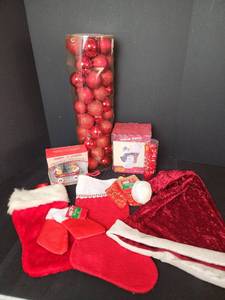 lot 434 image: Red Christmas Bulbs, Stockings, Santa Hat, Ornaments, and More
