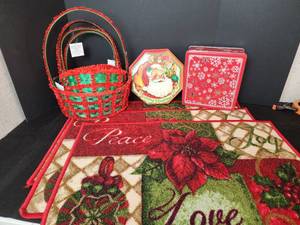 lot 438 image: (3) Poinsettia Rugs, New Gift Baskets, and More