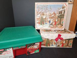 lot 442 image: (2) Heavy Christmas Gift Boxes and Plastic Storage Box