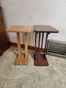 lot 26 image: Light Oak Accent Table 14x12x24 and Darker Oak Table 12x16x25
