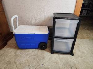 lot 30 image: Coleman Cooler on Wheels and (2) Drawer Storage Organizer on Wheels