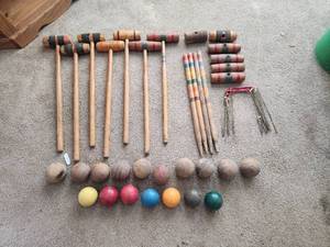 lot 35 image: Vintage Wooden Croquet Game Supplies