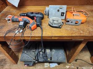lot 635 image: Master Craft Jig Saw, Black & Decker Rechargeable Reciprocating Saw (works), Craftsman 38 Drill, Black & Decker Jigsaw, and Circular Saw Stand