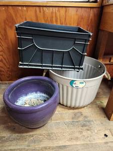 lot 656 image: Glazed Terracotta Flowerpot 14x11, Large 14 Gallon Plastic Flowerpot, and Crate