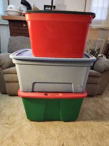 lot 495 image: (2) 30 Gallon Totes with Lids and (1) 18 Gallon Tote with Lid