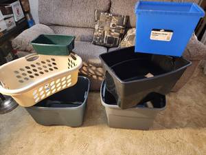 lot 496 image: Totes without Lids and Laundry Basket