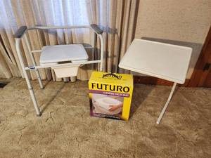 lot 497 image: Bariatric Commode, New Stool Riser, and Adjustable Bedside Table