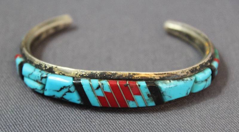 lot 4016 image: Southwestern Sterling Silver Bracelet with Gorgeous Blue and Red Stones