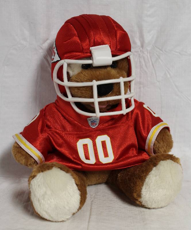 lot 4150 image: Adorable Build-A-Bear Stuffed Dog with Kansas City Chiefs Jersey and Helmet