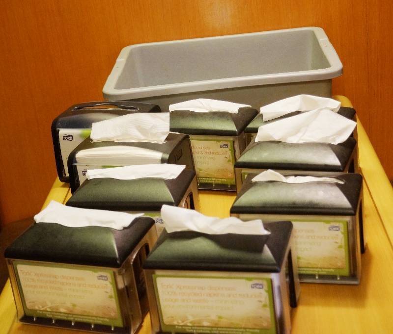 lot 5305 image: Lot of 8 TORK XPressNap Napkin Dispensers and a Gray Bus Tub