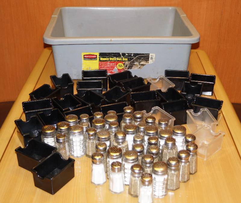 lot 5307 image: Big Lot of Salt and Pepper Shakers and Sugar Packet Holders and a Gray Bus Tub