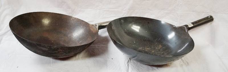 lot 5330 image: Lot of 2 Metal Woks - w 1 handle - 16 in Diameter & 6 Deep