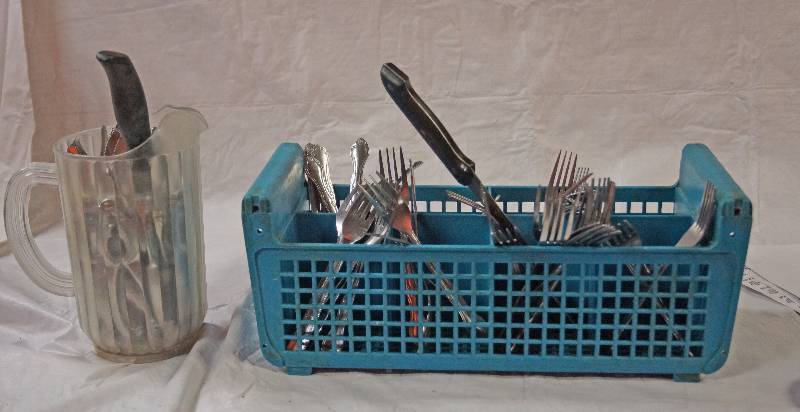lot 5337 image: Lot of Restaurant Silverware in a Commercial Dishwasher Basket