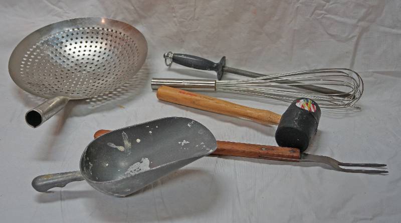 lot 5431 image: Big Strainer - Ice Scoop - Whisk - Rubber Mallet - Knife Sharper and Big Fork